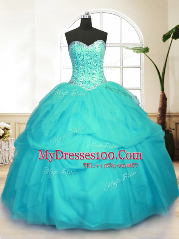 Fine Sequins Pick Ups Sweetheart Sleeveless Lace Up Sweet 16 Dress Aqua Blue Tulle