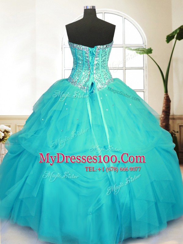 Fine Sequins Pick Ups Sweetheart Sleeveless Lace Up Sweet 16 Dress Aqua Blue Tulle