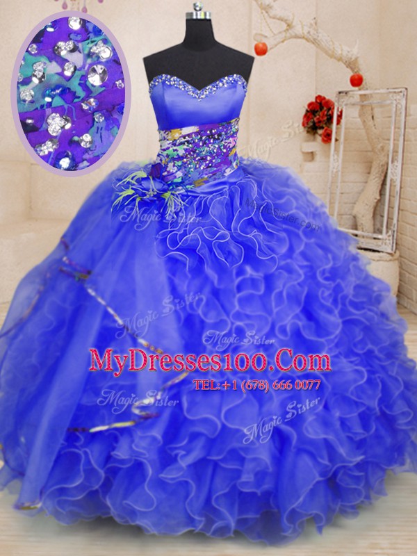 Royal Blue Ball Gowns Beading and Ruffles Quinceanera Dresses Lace Up Organza Sleeveless Floor Length