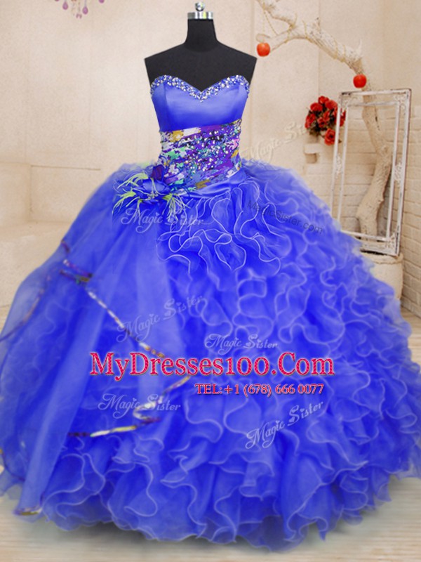 Royal Blue Ball Gowns Beading and Ruffles Quinceanera Dresses Lace Up Organza Sleeveless Floor Length