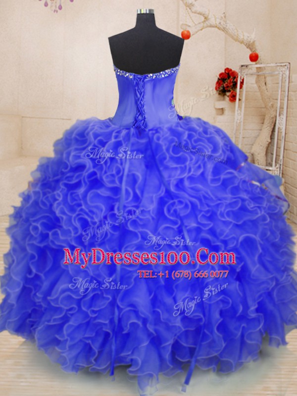 Royal Blue Ball Gowns Beading and Ruffles Quinceanera Dresses Lace Up Organza Sleeveless Floor Length