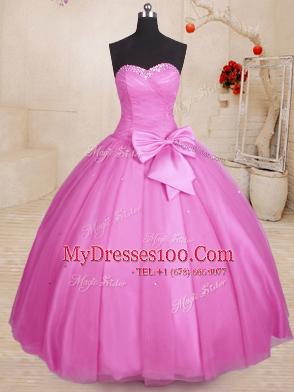 Lilac Lace Up Sweetheart Beading and Bowknot Ball Gown Prom Dress Tulle Sleeveless