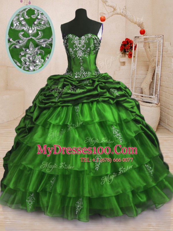 Suitable With Train Quinceanera Gowns Organza and Taffeta Sweep Train Sleeveless Beading and Appliques and Ruffled Layers and Pick Ups