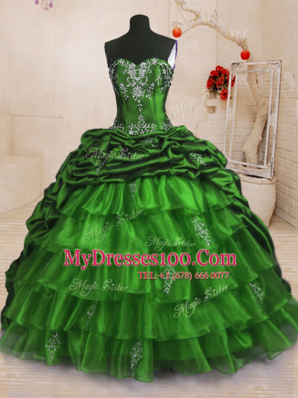 Suitable With Train Quinceanera Gowns Organza and Taffeta Sweep Train Sleeveless Beading and Appliques and Ruffled Layers and Pick Ups