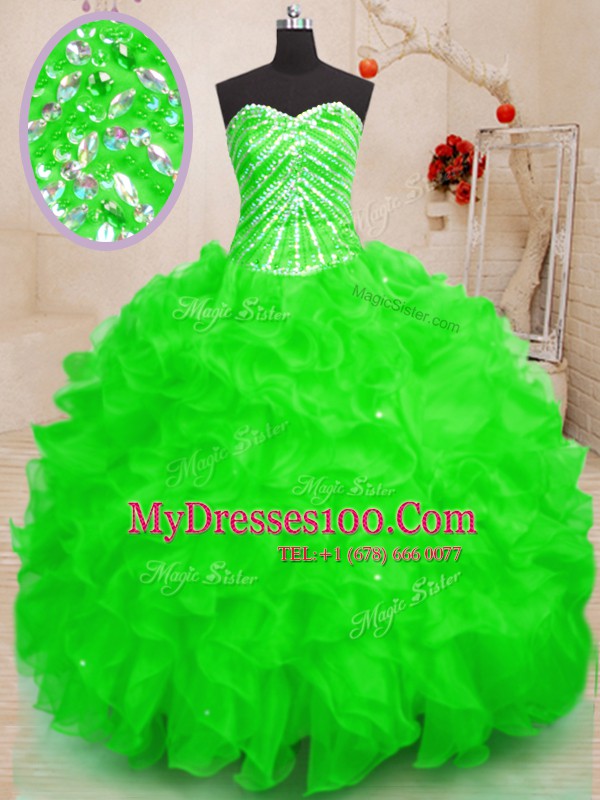 Floor Length Sweet 16 Dresses Organza Sleeveless Beading and Ruffles and Sequins