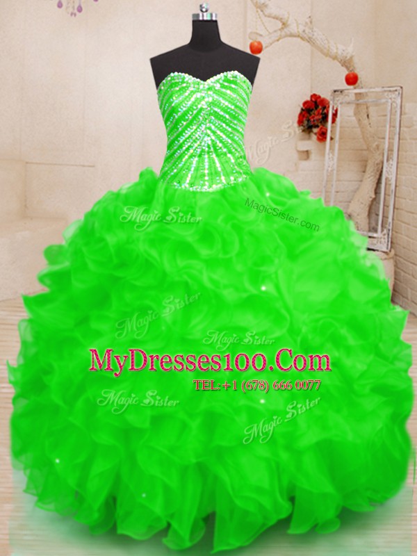 Floor Length Sweet 16 Dresses Organza Sleeveless Beading and Ruffles and Sequins