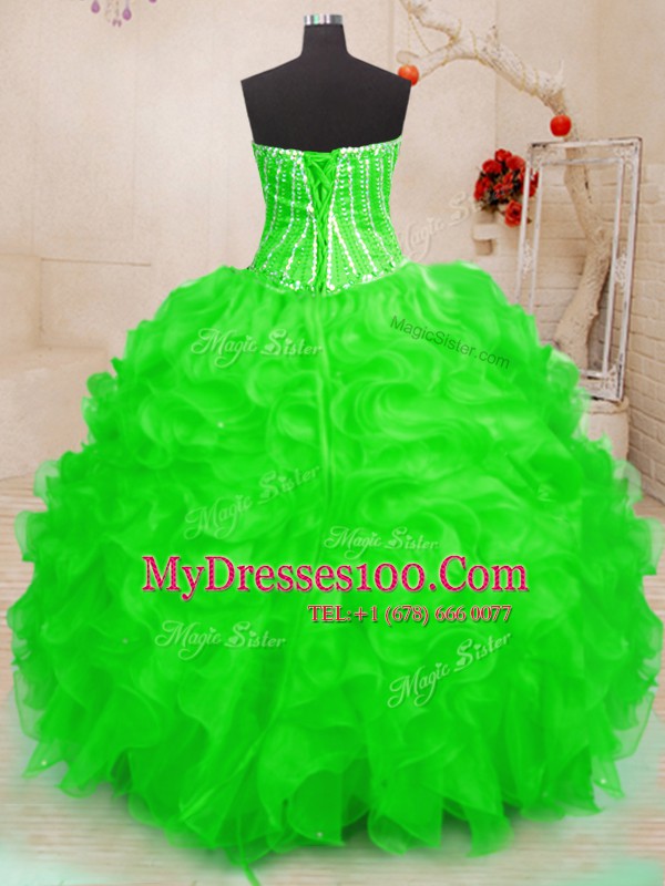 Floor Length Sweet 16 Dresses Organza Sleeveless Beading and Ruffles and Sequins