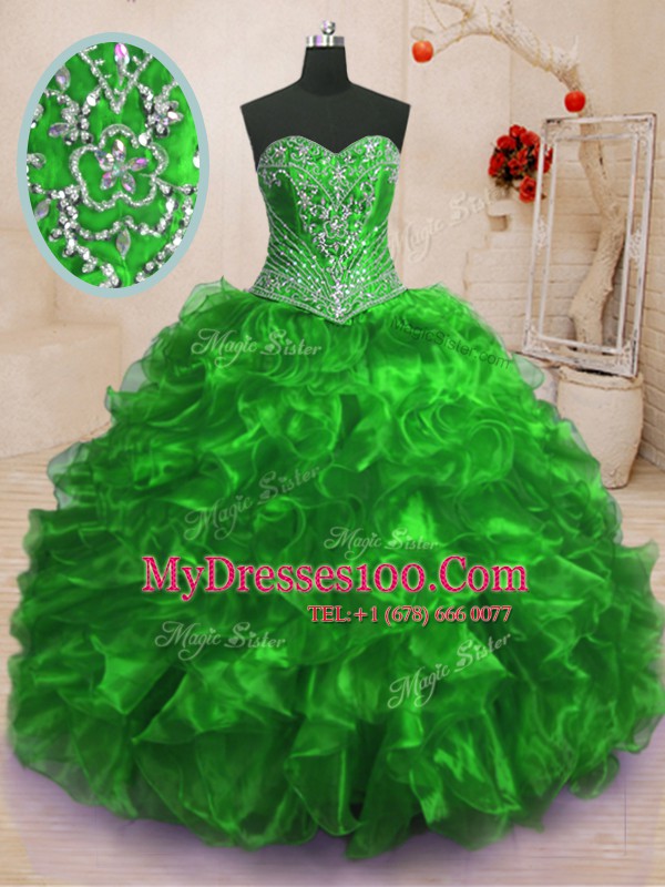 Sleeveless Sweep Train Lace Up With Train Beading and Ruffles 15th Birthday Dress