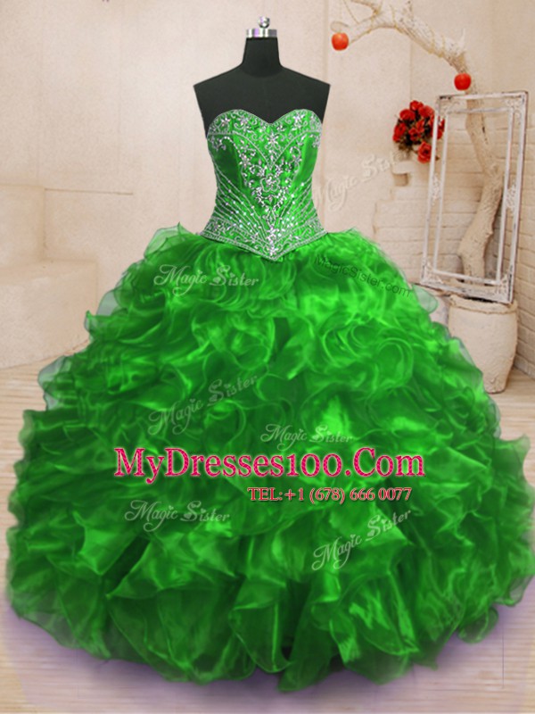 Sleeveless Sweep Train Lace Up With Train Beading and Ruffles 15th Birthday Dress