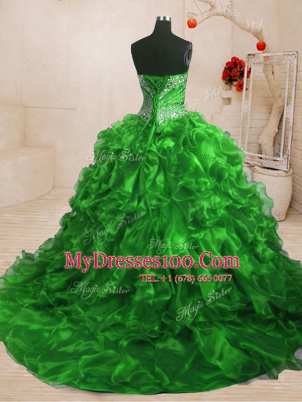 Sleeveless Sweep Train Lace Up With Train Beading and Ruffles 15th Birthday Dress