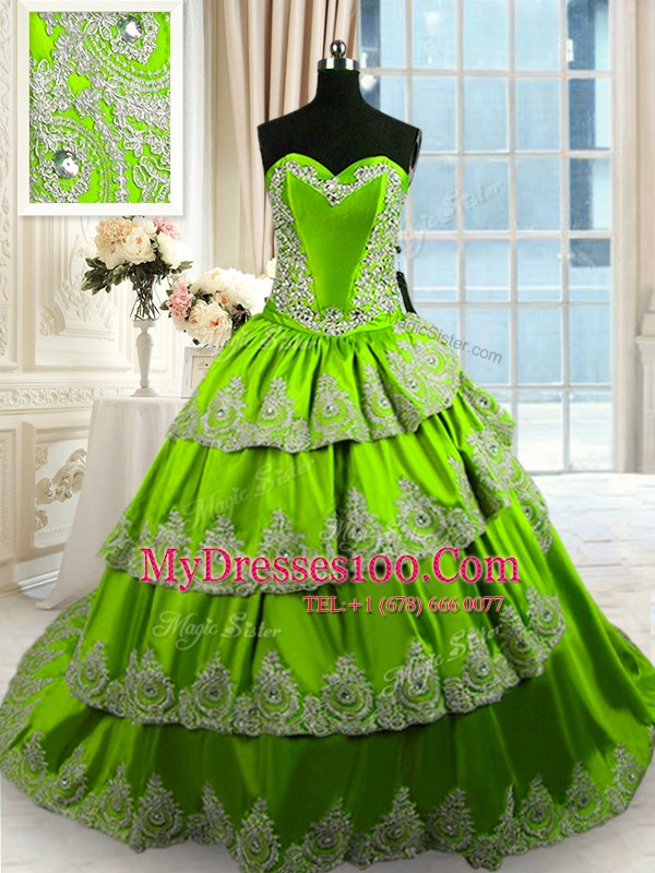 Sumptuous Green A-line Taffeta Sweetheart Sleeveless Beading and Appliques and Ruffled Layers With Train Lace Up Quinceanera Gowns Court Train
