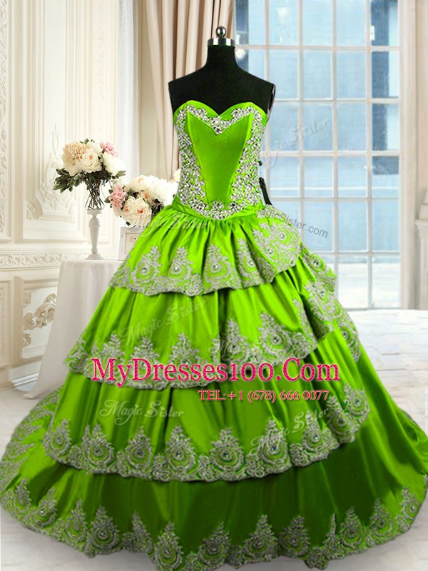 Sumptuous Green A-line Taffeta Sweetheart Sleeveless Beading and Appliques and Ruffled Layers With Train Lace Up Quinceanera Gowns Court Train