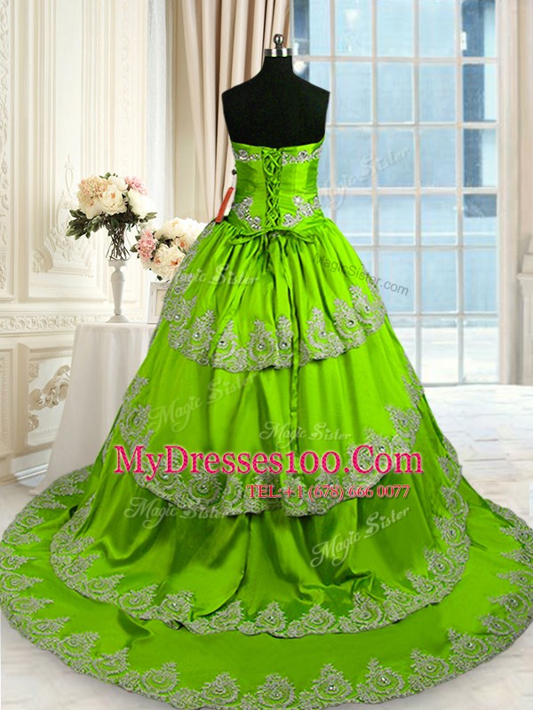 Sumptuous Green A-line Taffeta Sweetheart Sleeveless Beading and Appliques and Ruffled Layers With Train Lace Up Quinceanera Gowns Court Train