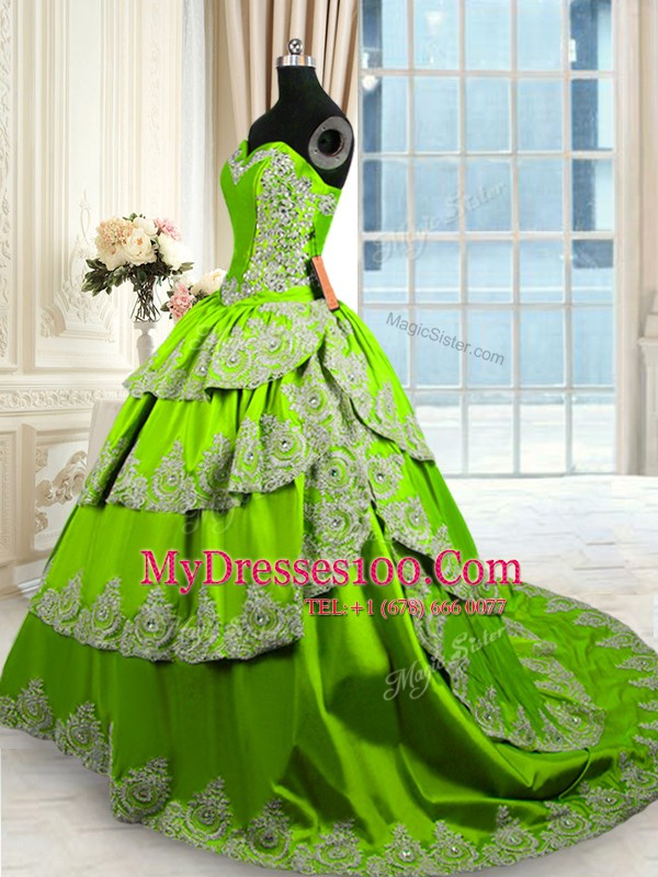 Sumptuous Green A-line Taffeta Sweetheart Sleeveless Beading and Appliques and Ruffled Layers With Train Lace Up Quinceanera Gowns Court Train