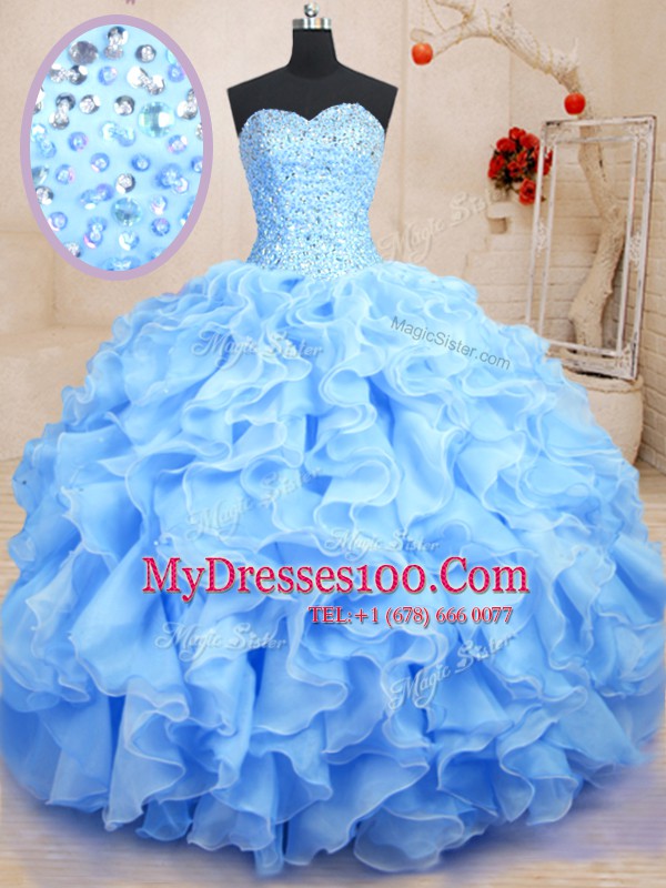 Sleeveless Floor Length Beading and Ruffles Lace Up 15 Quinceanera Dress with Blue