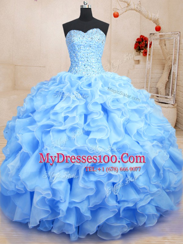 Sleeveless Floor Length Beading and Ruffles Lace Up 15 Quinceanera Dress with Blue