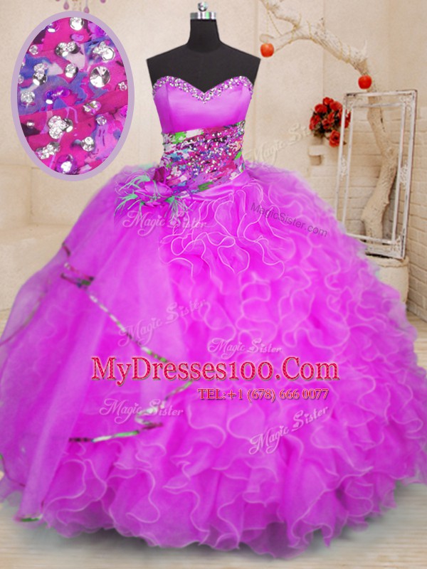 Stylish Fuchsia Lace Up Sweetheart Beading and Ruffles Sweet 16 Dresses Organza Sleeveless