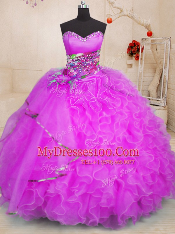 Stylish Fuchsia Lace Up Sweetheart Beading and Ruffles Sweet 16 Dresses Organza Sleeveless