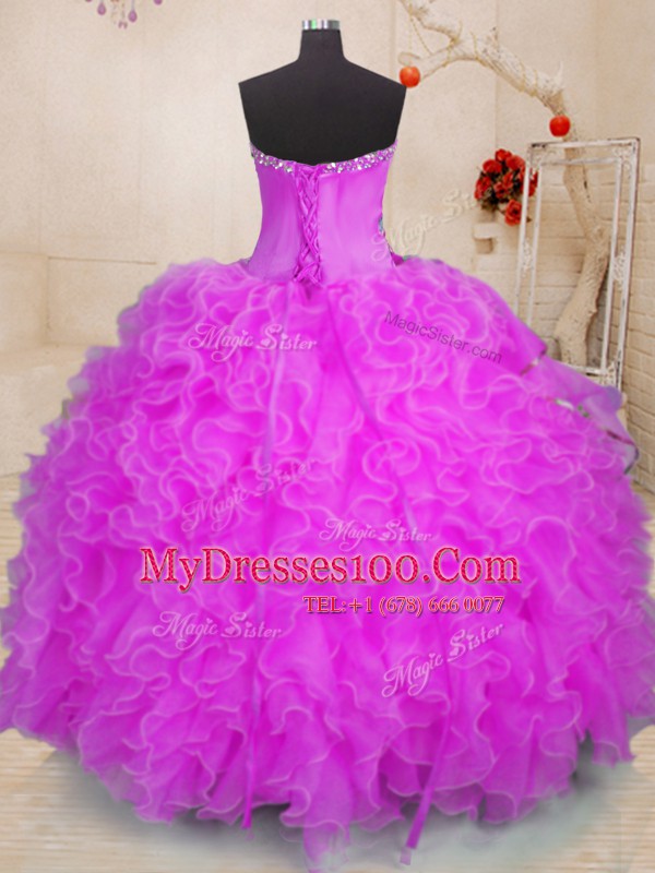 Stylish Fuchsia Lace Up Sweetheart Beading and Ruffles Sweet 16 Dresses Organza Sleeveless