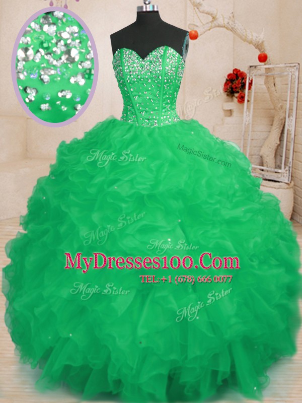 Hot Selling Turquoise Sleeveless Floor Length Beading and Ruffles Lace Up Quinceanera Dress