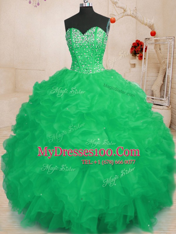Hot Selling Turquoise Sleeveless Floor Length Beading and Ruffles Lace Up Quinceanera Dress