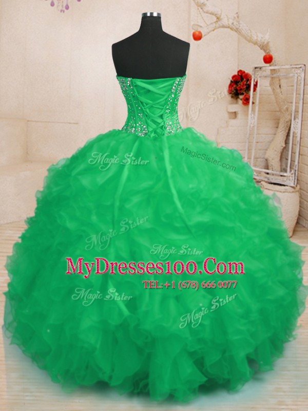 Hot Selling Turquoise Sleeveless Floor Length Beading and Ruffles Lace Up Quinceanera Dress