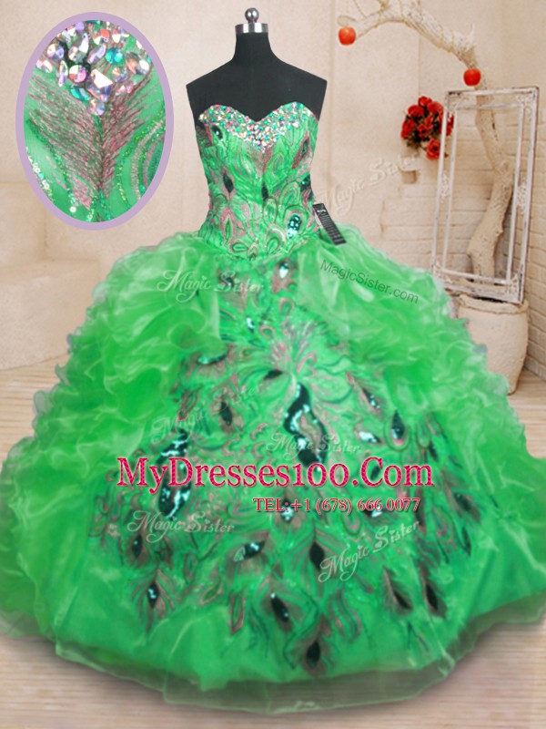 Green Organza Zipper Sweet 16 Dresses Sleeveless Floor Length Beading and Appliques and Ruffles
