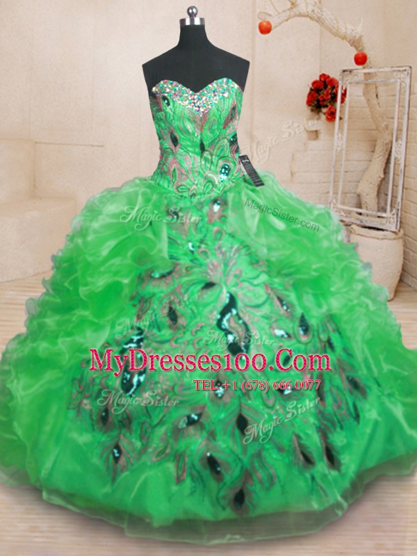 Green Organza Zipper Sweet 16 Dresses Sleeveless Floor Length Beading and Appliques and Ruffles