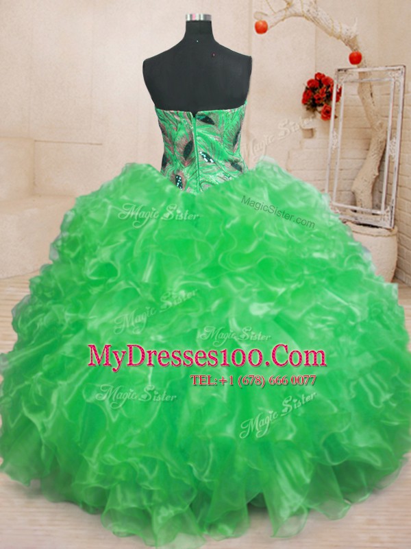 Green Organza Zipper Sweet 16 Dresses Sleeveless Floor Length Beading and Appliques and Ruffles