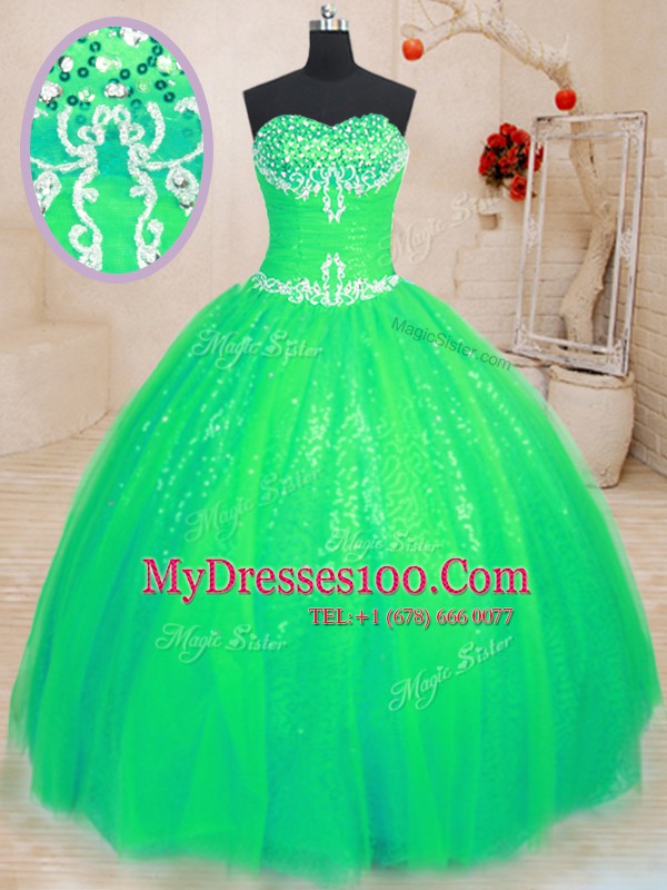 Superior Green Sleeveless Tulle and Sequined Lace Up 15th Birthday Dress for Military Ball and Sweet 16 and Quinceanera