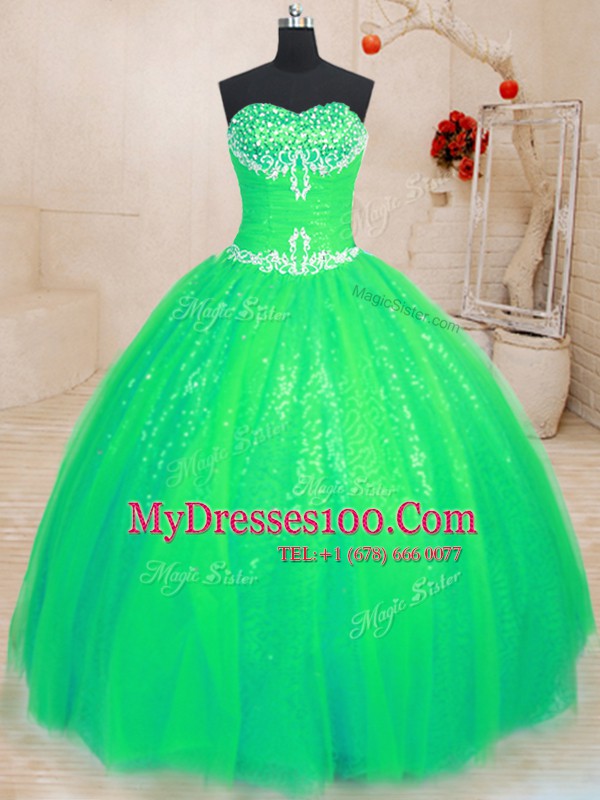 Superior Green Sleeveless Tulle and Sequined Lace Up 15th Birthday Dress for Military Ball and Sweet 16 and Quinceanera
