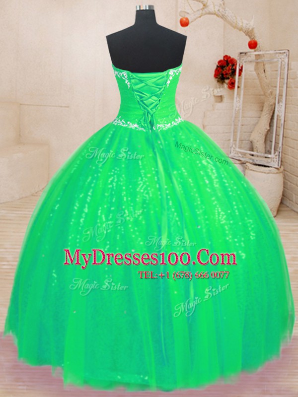 Superior Green Sleeveless Tulle and Sequined Lace Up 15th Birthday Dress for Military Ball and Sweet 16 and Quinceanera