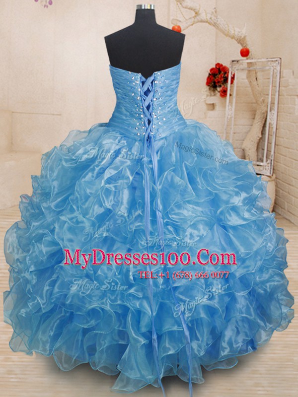 Blue Sweet 16 Quinceanera Dress Military Ball and Sweet 16 and Quinceanera and For with Beading and Ruffles Sweetheart Sleeveless Lace Up