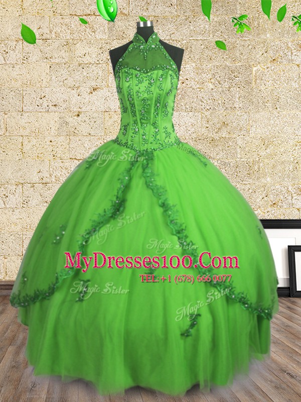Halter Top Tulle Sleeveless Floor Length Vestidos de Quinceanera and Beading