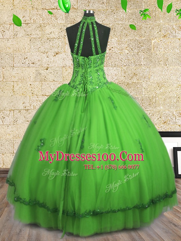 Halter Top Tulle Sleeveless Floor Length Vestidos de Quinceanera and Beading