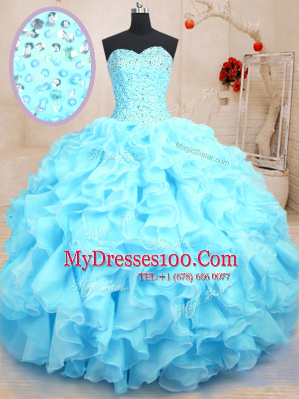 Lovely Baby Blue Sweetheart Neckline Beading and Ruffles Sweet 16 Dress Sleeveless Lace Up