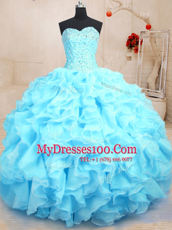 Lovely Baby Blue Sweetheart Neckline Beading and Ruffles Sweet 16 Dress Sleeveless Lace Up