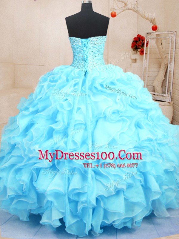 Lovely Baby Blue Sweetheart Neckline Beading and Ruffles Sweet 16 Dress Sleeveless Lace Up
