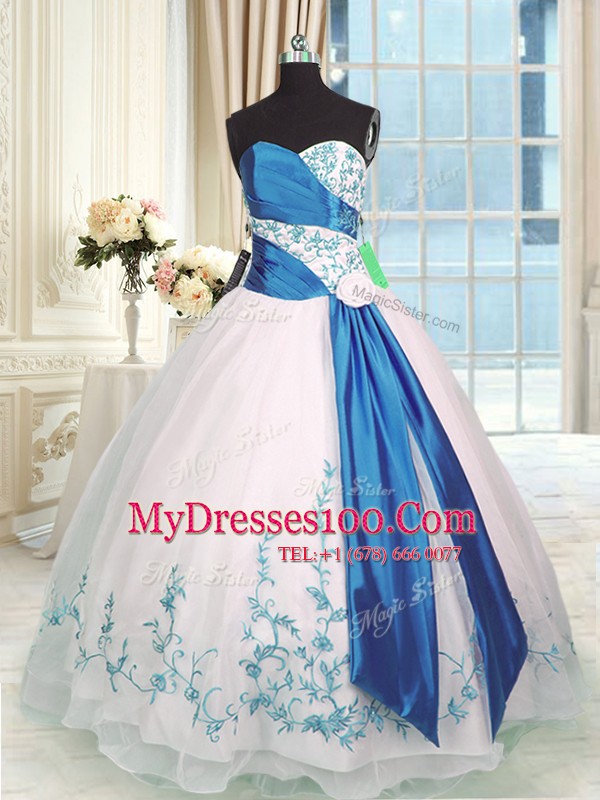 Pretty Floor Length Blue And White 15 Quinceanera Dress Sweetheart Sleeveless Lace Up