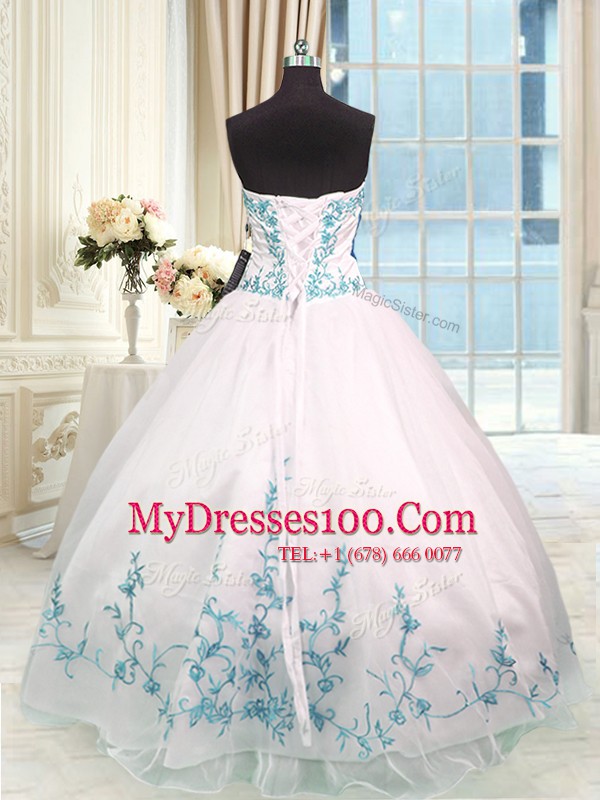 Pretty Floor Length Blue And White 15 Quinceanera Dress Sweetheart Sleeveless Lace Up