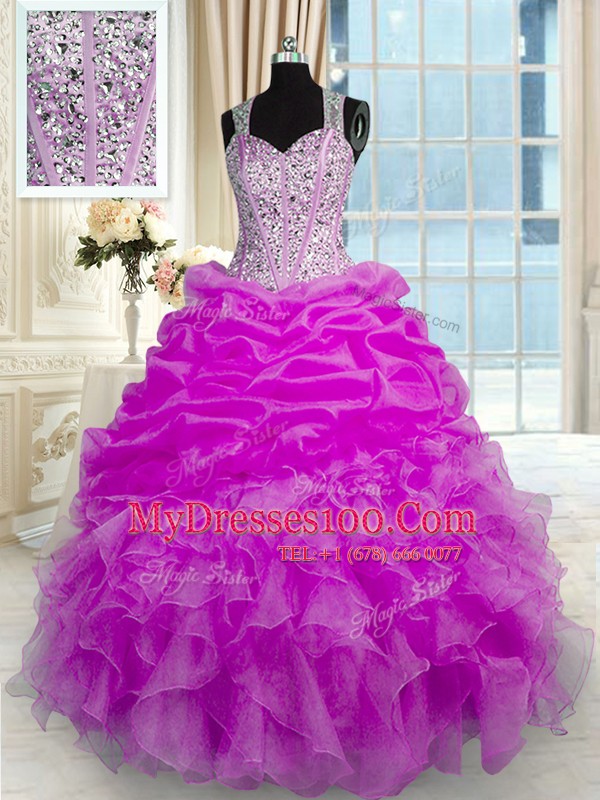 Straps Sleeveless Quinceanera Dress Floor Length Beading and Ruffles and Pick Ups Fuchsia Organza and Taffeta