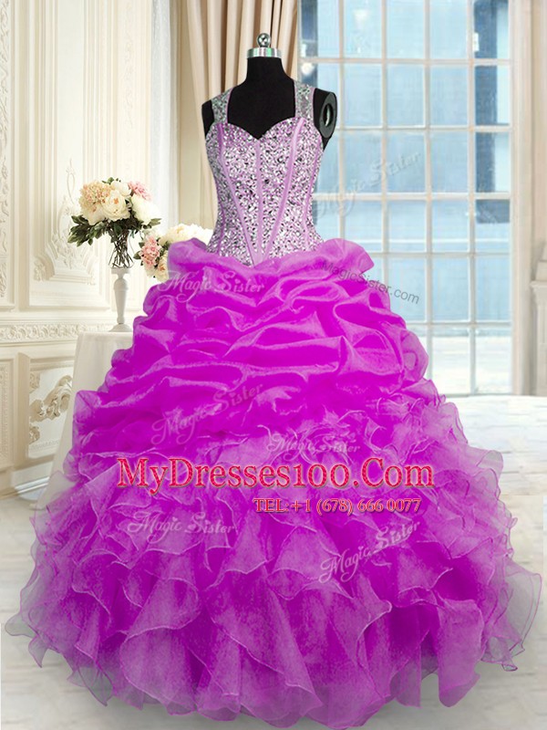 Straps Sleeveless Quinceanera Dress Floor Length Beading and Ruffles and Pick Ups Fuchsia Organza and Taffeta