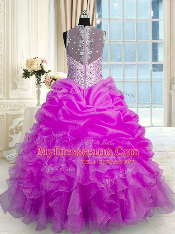Straps Sleeveless Quinceanera Dress Floor Length Beading and Ruffles and Pick Ups Fuchsia Organza and Taffeta