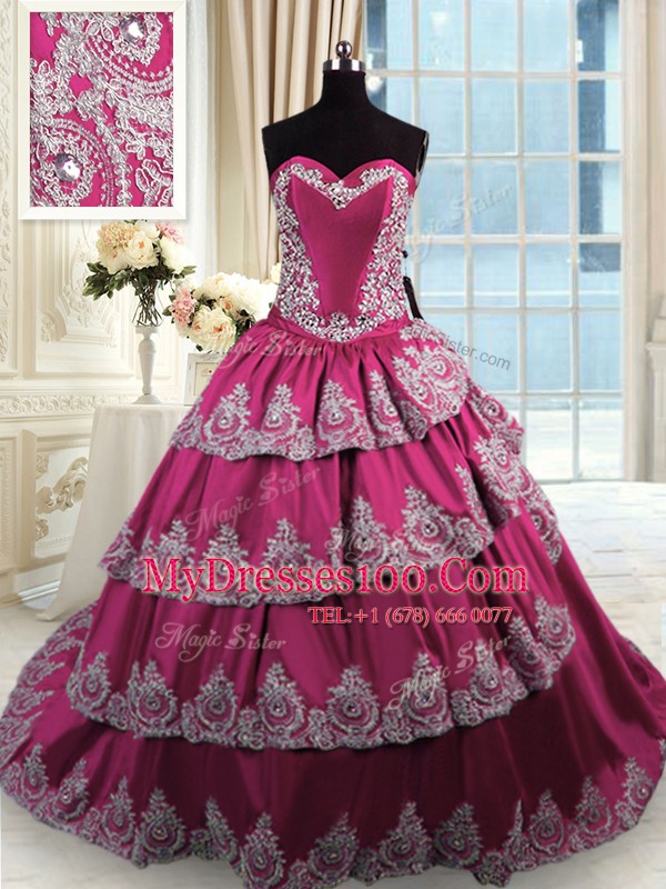 Modern Taffeta Sweetheart Sleeveless Court Train Lace Up Beading and Appliques and Ruffled Layers Sweet 16 Quinceanera Dress in Fuchsia