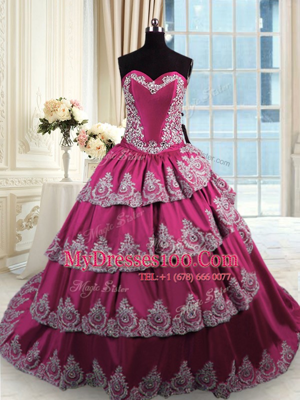 Modern Taffeta Sweetheart Sleeveless Court Train Lace Up Beading and Appliques and Ruffled Layers Sweet 16 Quinceanera Dress in Fuchsia