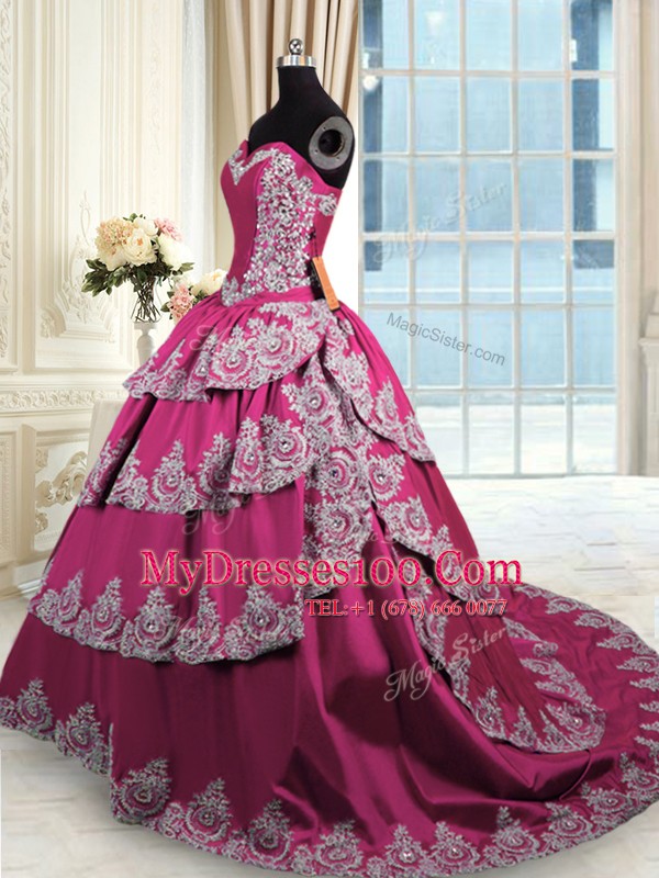 Modern Taffeta Sweetheart Sleeveless Court Train Lace Up Beading and Appliques and Ruffled Layers Sweet 16 Quinceanera Dress in Fuchsia