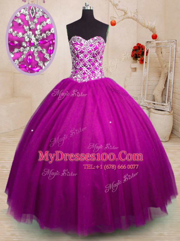 Gorgeous Beading Quinceanera Dress Fuchsia Lace Up Sleeveless Floor Length