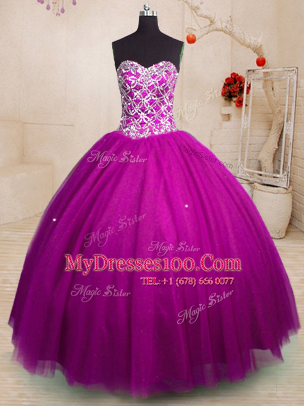 Gorgeous Beading Quinceanera Dress Fuchsia Lace Up Sleeveless Floor Length