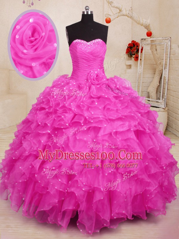 Hot Pink Organza Lace Up Quinceanera Dress Sleeveless Floor Length Beading and Ruffles and Hand Made Flower