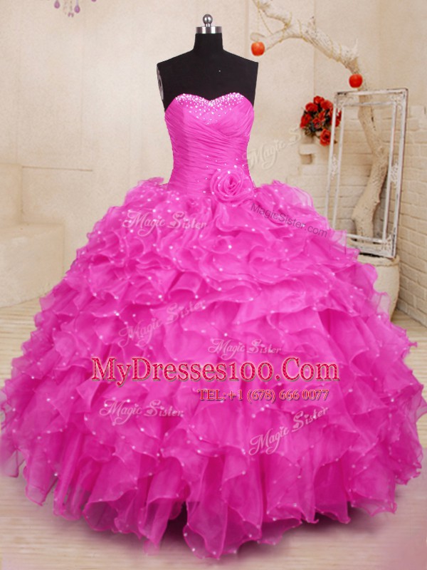 Hot Pink Organza Lace Up Quinceanera Dress Sleeveless Floor Length Beading and Ruffles and Hand Made Flower